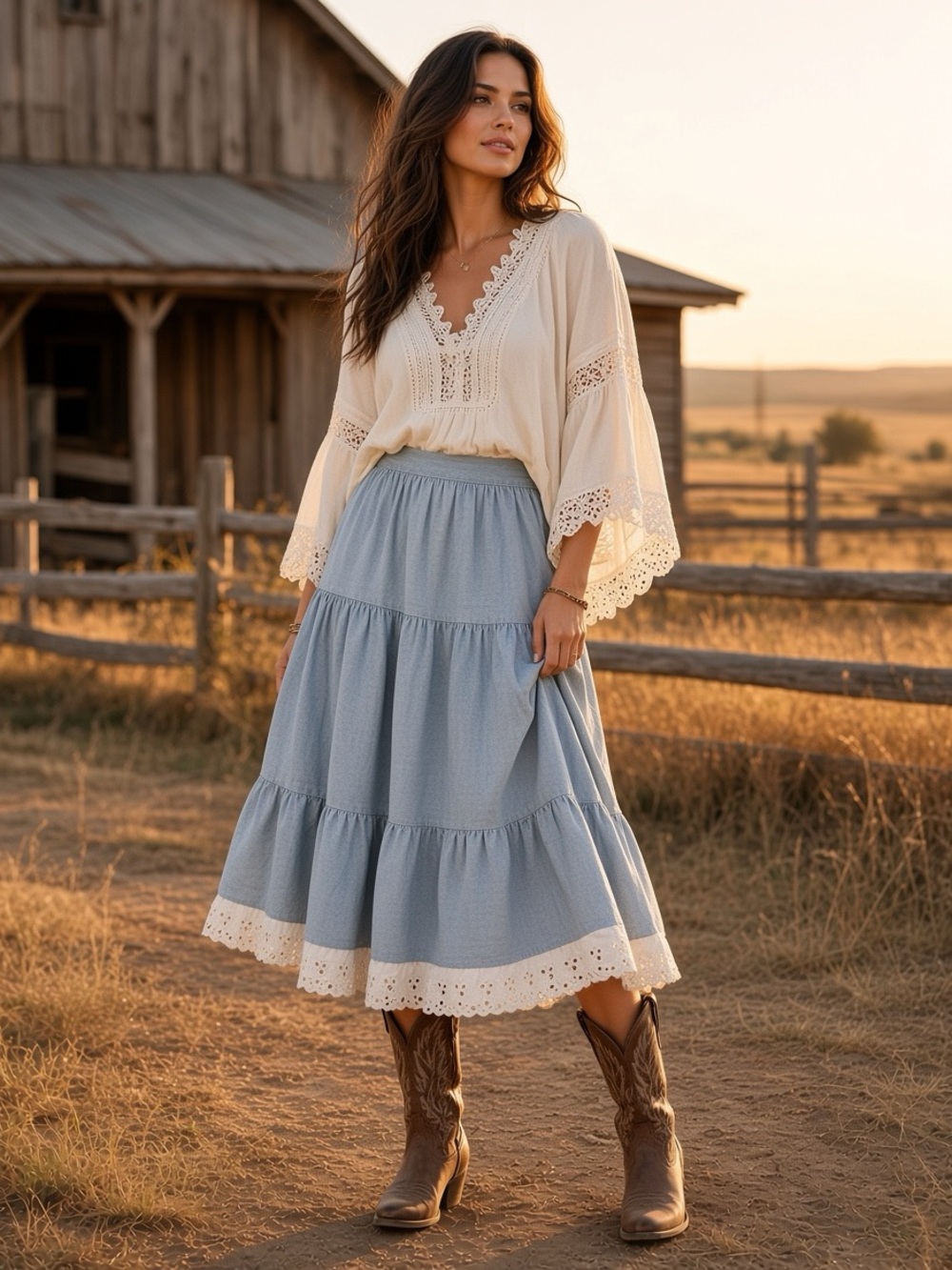 Kayo of California Vintage Denim Tiered Western Skirt 26” waist